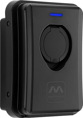Masterplug Smart EV Home Wall Charger for Type 2 Electric and Plug-In Hybrid Vehicles, Socketed, Mode 3, Auto-Lock, Solar Charging, Single Phase, Wi-Fi, Black, IP55, 7.4kW, 32A, EVCM3SS7B-MP