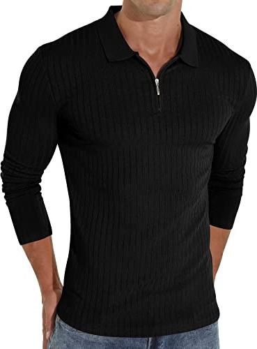 Sailwind Zipper Polo Shirts for Men Long Sleeve Slim Fit Shirts Casual Stretch Ribbed Knit Zip Shirt