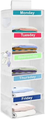 Weekly Clothes Organiser for Kids, 5-Shelf Hanging Storage Organiser for Daily Clothing, Day of The Week Children Clothes Organizer, Monday to Friday Wardrobe Storage for School Uniform Hats (white)