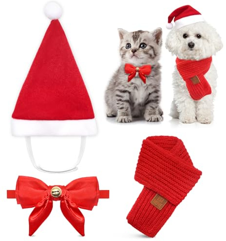 3 Stück Hunde Katzen Kostüm Zubehör Set,Haustier Kostüm Weihnachten Kleidungmit Weihnachtsmütze Krawatten und Glocken Schal,Weihnachten Katzenbekleidung Hund Christmas Costume(Farbe-02)