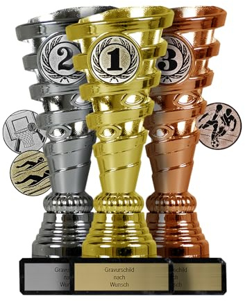 pokal-fabrik Pokal mit Gravur Wunschtext – Gold, Silber & Bronze Trophäe mit Sportart Emblem nach Wahl – Personalisierte Auszeichnung für Fußball WM & andere Sport Events – 15 cm inkl. Marmorsockel