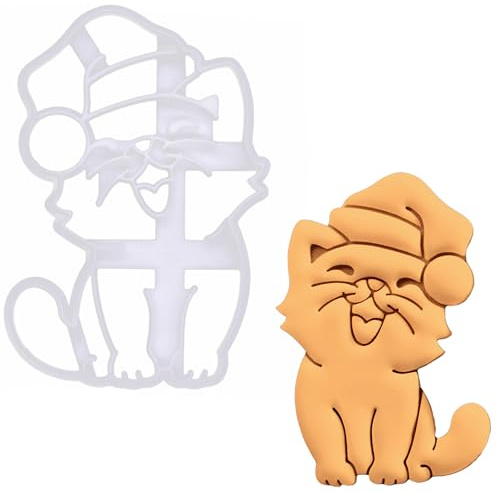 BAKERLOGY Glückliche Katze mit Weihnachtsmütze - Weihnachten Ausstecher, Kätzchen Plätzchenausstecher, Detailliertes Keksausstecher, Ideal für Fondant, Keksteig, Ton
