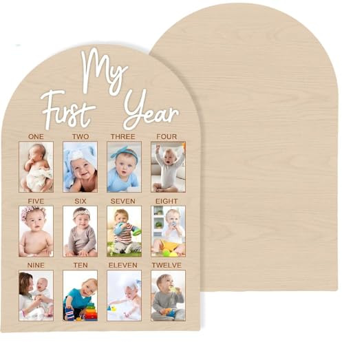 Fosoloni Mein Erstes Jahr Bilderrahmen Holz, First Year Photo Board für 1. Geburtstag, Meilensteintafel Baby für Jungen Mädchen Baby Geburtstags Kinderzimmerdekorationen(43 x 30 x 0.5cm)