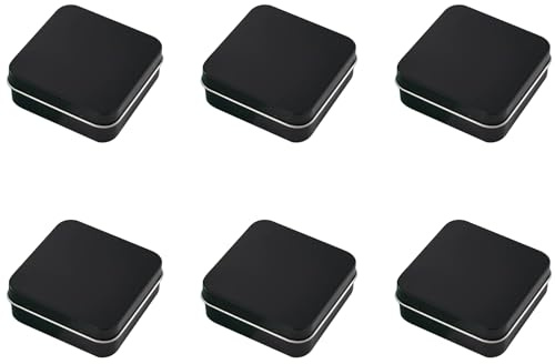 6 barattoli vuoti quadrati in metallo, vuoti, incernierati, contenitori per la casa, scatole di latta con coperchio, 7 cm x 7 cm x 2,3 cm, nero