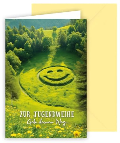 KE - Fröhliche Jugendweihe Karte, Glückwunschkarte für Naturverbundene, mit Umschlag, Wald, Wiese, Smiley, Pastellgelb, Format: B6 - Smiley in der Wiese
