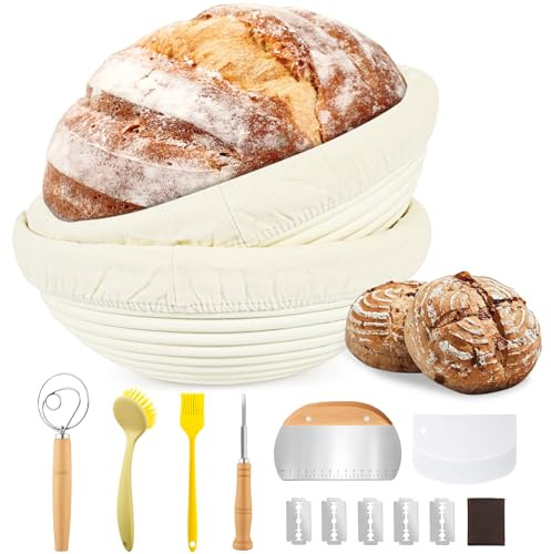 Votoko Brot Gärkorb Set, Gärkörbchen zum Brotbacken, 2 x 23cm Runde Brotkörbchen aus Natürlichem Rattan, inkl Schneebesen, Teigschaber, Silikonpinsel, Bäckermesser, für Heim-und Professionelle