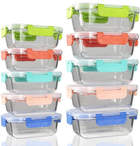 TempFoo Meal Prep Containers Reusable, 10 Glass Containers with Lids, Airtight Food Storage Containers, Reusable, Stackable, Microwave, Oven, Freezer And Dishwasher - Coloured