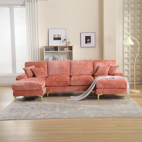 Sofa mit Schlaffunktion, Big Sofa 4 Sitzer U Form Modernes Design, Polstermöbel Loungesessel mit doppelten Liegesitzen , Wohnzimmer Möbel Schlafsofa für Wohnzimmer Wohnung Villa, Chenille ROSA