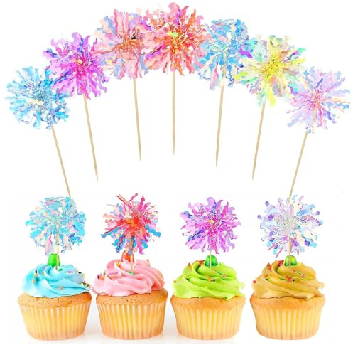 Guyode 35 Stück Cocktail Deko Aus Folie, Feuerwerk Tortendeko mit Bambusspieße, 5 Farben Cocktailspieße Feuerwerk, Bunte Kuchen Cupcake Topper für Geburtstag Hochzeit Babyparty Abschluss