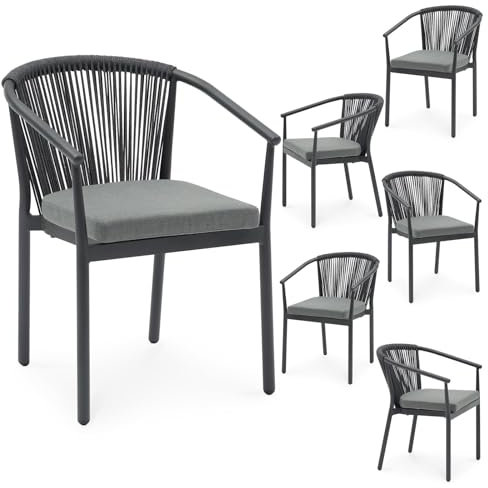 IDIMEX Gartenstuhl TAVOLO 6er Set, anthrazit – wetterfestes Aluminiumgestell schwarz mit Rope-Rückenlehne und Sitzkissen, stapelbar pflegeleicht modern Gartensessel Outdoor