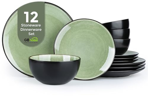 GBhome Steingut Geschirrset 4 Personen, 12-tlg Reaktive Glasur Handarbeit Steingut Geschirr Set, Mikrowellen- & Spülmaschinenfest Schüssel- und Teller Set,Ruhiges Grün,GDW025LG-EU