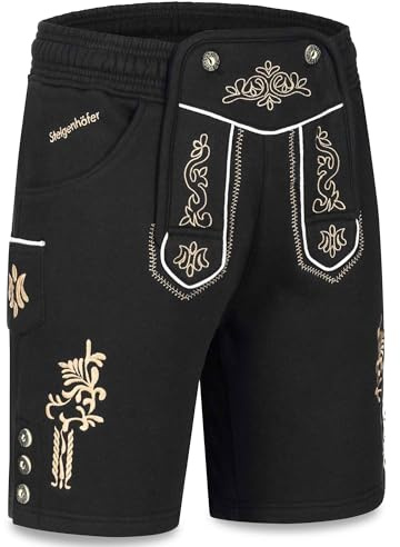 Steigenhöfer Manufaktur Kurze Trachten Jogginghose mit Kordelzug im Lederhosen Look - Moritz - Jogging Lederhose Herren Tracht für Oktoberfest Wiesn und weitere Feierlichkeiten - Schwarz - L