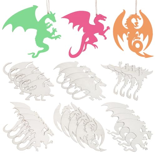 UNICRAFTALE 24 Stück 6 Stile Holzdrachen Ausschnitte Unlackierte Hölzerne Drachen Hängeornamente Drachen Verzierungen Mit Schnur DIY Tierhandwerk Geschenkanhänger Für Heimparty Dekoration Basteln