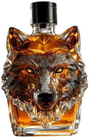 Whiskey Bottle, 350ml Artistic & Elegant Wolf Head Shaped Whiskey Decanter, Funny Unique Empty Glass Liquor Bottles for Dad Husband, Alcohol Loves Gifts