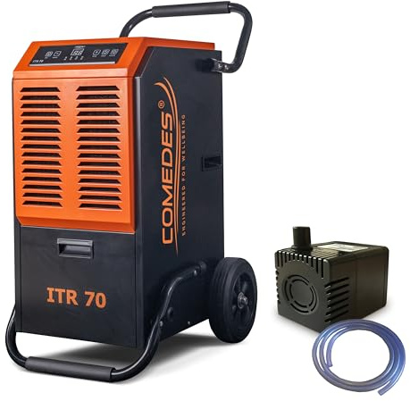 Comedes ITR 70 Luftentfeuchter (70 l/24h) + PowerDrain Kondensatpumpe – Geeignet für Keller & Baustellen bis 150 m² / 345 m³, leistungsstark mit automatischer Wasserableitung, inkl. 3m Schlauch
