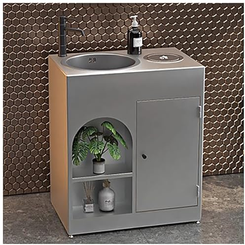 ZTGL Moderno Bar Lavabo De Pedestal, Industrial Tocador De Baño con Lavabo De Acero Inoxidable, Lavabo de Pie con Almacenamiento Y Gestión De Residuos,Plata,B