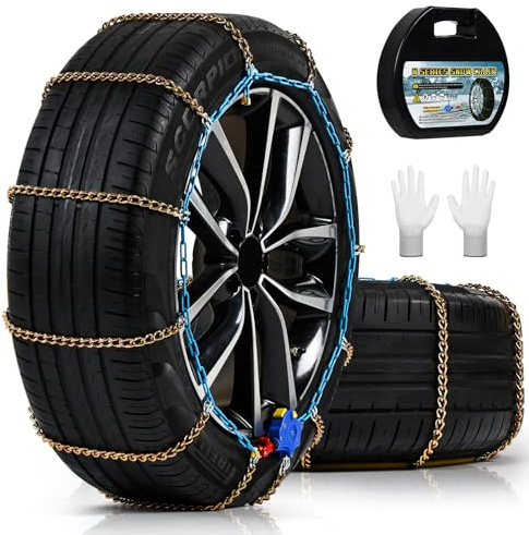 Auto Tightening Snow Chains for Cars, SUVs & Pickup Trucks – 1-Min Quick-Fit Auto Installation, Reusable Universal Emergency Traction Tire Chains – Set of 2（ALN140）