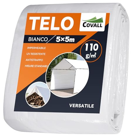 COVALL Telone Impermeabile per Esterno 5x5 m, Telo Occhiellato Rinforzato in HDPE 110g/㎡, Copertura per Piscina Auto, Mobili da Giardino, Antipioggia e Antivento, Bianco
