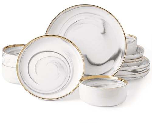 Set di stoviglie da 12 pezzi, piatti e ciotole, set di piatti per 4, set di stoviglie in porcellana moderna di lusso con bordo dorato, grigio marmo