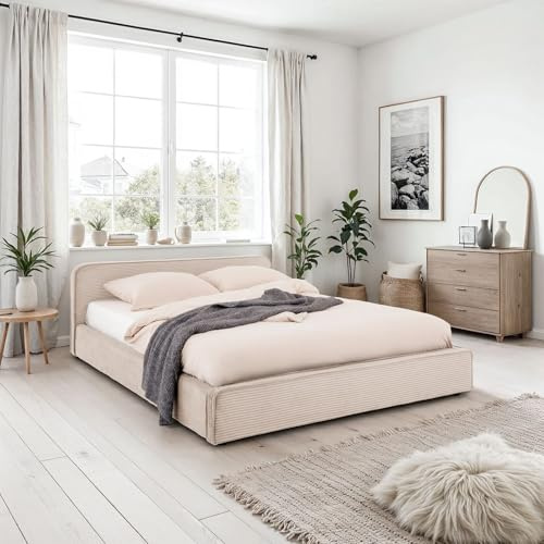 IDIMEX Polsterbett CURSIO mit Lattenrost 140x200, Beige– Bett mit Polsterung in Cordoptik, Holzrahmen mit Metallrohr, stabiles Doppelbett inklusive Lattenrost, kleine Schwarze Kunststofffüße