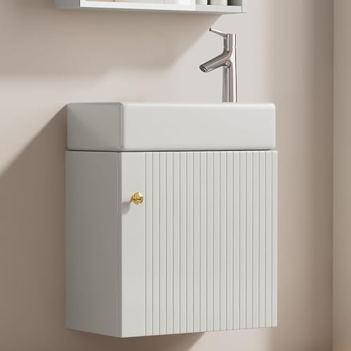 Kebnor Mueble de baño con armario bajo lavabo de 46 cm, mueble para lavabo colgante pequeño, color blanco