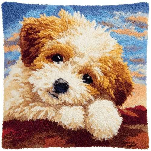 Knüpfkissen Set Zum Selber Hund Knüpfen Für Erwachsene Und Anfänger,Diy Kissenbezug Mit Knüpfhaken-Set Latch Hook Cushion Kit,Kreatives Basteln Ideal Für Home Decor 43X43Cm