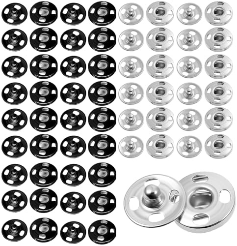 TIESOME 100 Stück Druckknöpfe Zum Annähen, 10mm Druckknöpfe Metall Schwarz & Silber, Druckknopf Set für Kleidung, Handtaschen & DIY Nähprojekte