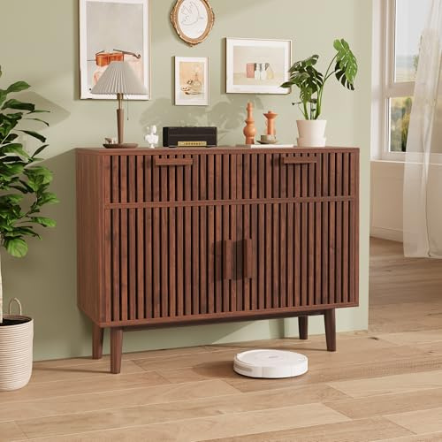 Armario de Cocina con 2 Cajones y 2 Puertas, Aparador de Comedor Mueble de Almacenamiento en Mimbre Armario con Base para Dormitorio, Salón, Cocina, Comedor (2 cajones, Color madera de nogal)