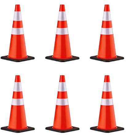 6 Pack Traffic Cone with Heavy Weighted Base, Wind Resistant, Large Fluorescent Red Safety Cone, High Visibility Reflective Road Safety Cone for Traffic Control, Durable and Stable