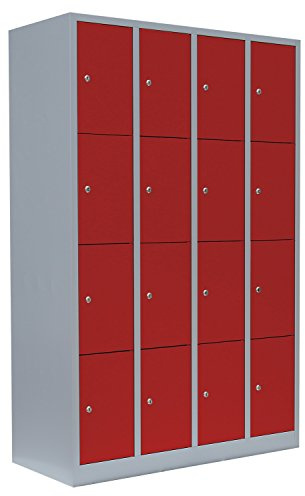 Lüllmann 16 Fächer Schließfachschrank komplett montiert grau/rot 180x117x50cm Wertfachschrank Fächerschrank Spind Umkleideschrank 520444