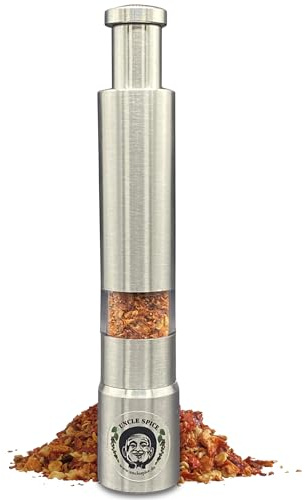 UNCLE SPICE® Carolina Reaper Chiliflocken in Einhandmühle aus Edelstahl – ca. 4 g EXTREM scharfe Chili Flakes Kolbenmechanik & Sichtfenster – praktische Einhand‑Gewürzmühle für Grill, Küche & To-Go