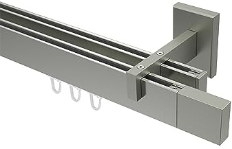 INTERDECO Innenlauf-Gardinenstange eckig 14 x 35 mm 2-läufig, kantige Innenlaufstange aus Metall, Edelstahl-Optik, zur Wandmontage, Typ 10212921, 140 cm