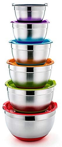 TEAMFAR Mixing Bowl Set of 6, Stainless Steel Baking Nesting Bowls Set with Multicolord Lids & Non-Slip Silicone Base, Non Toxic & Versatile, Easy Clean - 0.7/1.2/1.6/2.5/2.8/4.6L
