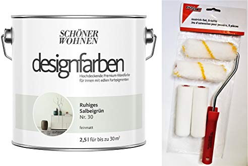 Schöner Wohnen designfarben hochdeckende feinmatte Wandfarbe für innen 2,5 Liter mit go/on Rollen-Set 5-tlg (Nr 30 Ruhiges Salbeigrün)