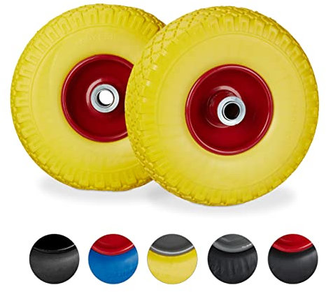 relaxdays 2 Ruote per Carrello Standard, in Gomma Antipanne, 3.00-4, ASSE 20mm, Max.150 kg, 260x85 mm, Giallo-Rosso