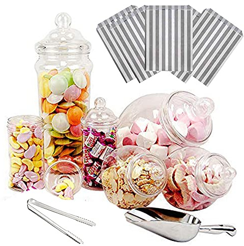 Purple Square 6 Jar Retro Pick & Mix Victorian Sweet Shop Candy Buffet Kit Party Pack with Scoop, Tongs & Bags - Silver Stripe
