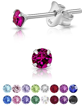 DTPsilver - Winzige Ohrringe 925 Sterling Silber mit Kristallen von Swarovski® Elements Runde Sehr kleine Ohrstecker - Durchmesser 3 mm - Farbe : Fuchsie
