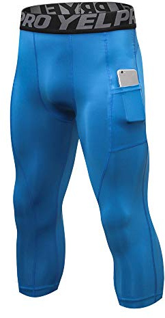 Shengwan 3/4 Workout Leggings Uomo Asciugatura Veloce Calzamaglia Pantaloni a Compressione Fitness con Tasche per Gym Jogging Correre Blu M
