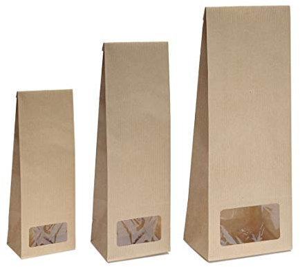 100x Blockbodenbeutel mit rechteckigem Sichtfenster - 250g - 8 x 5 x 24,3 cm - Papiertüten Bodenbeutel Geschenktüte Papierbeutel Tütchen Kraftpapier Papierbeutel Adventskalendertüten zum Befüllen