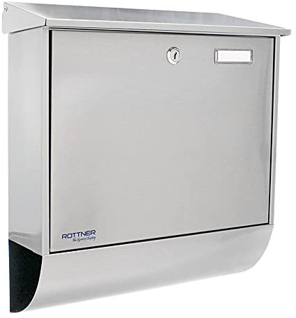 Rottner cassetta delle lettere Expo Inox, serratura a cilindro con 2 chiavi, acciaio inox, LxH 385x410 mm, kit di fissaggio incluso, supporto per giornale, targhetta portanome