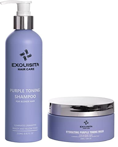 EXQUISITA Purple Shampoo für blondes Haar, 250 ml + gratis feuchtigkeitsspendende lila Toning-Maske 200 ml