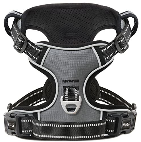 HEELE Dog Harness, Reflective Dog Harness, with Padded Handle Control, 2 Metal Rings, Harness for Small Medium and Large Dogs, Grey, S