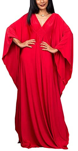 YouKD Lång kaftan, maxiklänning, boho, baddräkt, strand, täckande rock, en storlek, loungewear, A röd 2, En Storlek