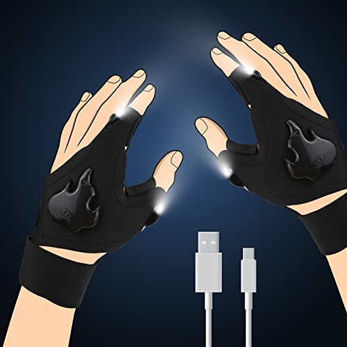 1 paire de gants de lampe de poche LED, lampes de poche rechargeables, excellent cadeau pour bricoleur, homme, femme, gants légers mains libres réglables et confortables pour la pêche, le camping
