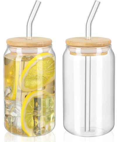 LIFKOME 2 tazas de vidrio con tapas de madera y popote, vasos de café helado de 12 onzas, tazas en forma de lata, vaso portátil para bebidas, batido, té Boba, café, transparente