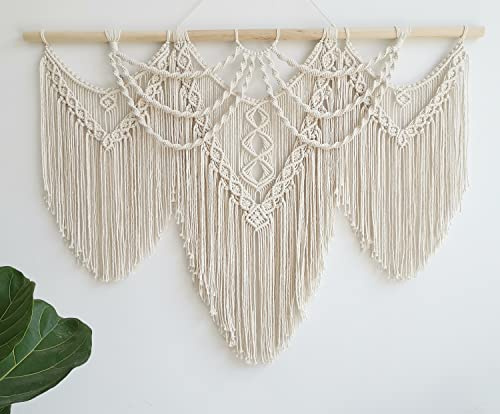 large macrame wall hanging - Boho Tapestry Macrame Wall Decor Art- Chic Bohemian Handmade Woven Tapestry Home Decoration for Bedroom Living Room Apartment Wedding Party - 43x32 (Beige-fringe)