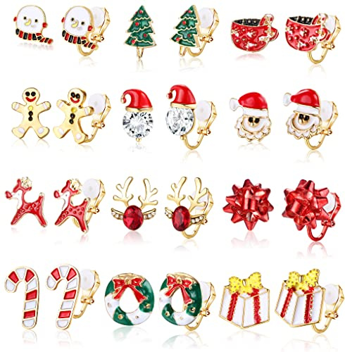 CASSIECA 12 Paar Clip Ohrringe Weihnachten für Damen Mädchen Weihnachts Ohrringe Set Hängend Weihnachtsbaum Schneeflocke Elch Ohrring Weihnacht