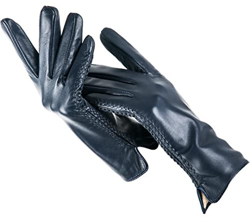 Einfache Lederhandschuhe für Damen, farbiges Leder Damen Lederhandschuhe, Schaffell Damenhandschuhe Marineblau 8