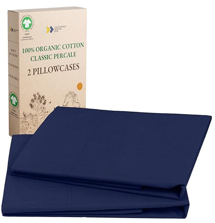 California Design Den 100% Organic Cotton Pillow Cases Standard Size/Queen Size, Set of 2, Soft & Crisp Percale Weave Cotton Pillowcases (Navy)