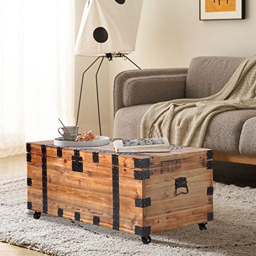 NewCosmos Vintage Reclaimed Fir Wood Storage Trunk – Rustic Charm with Black Metal Accents – No Assembly Required, Optional Wheels Included